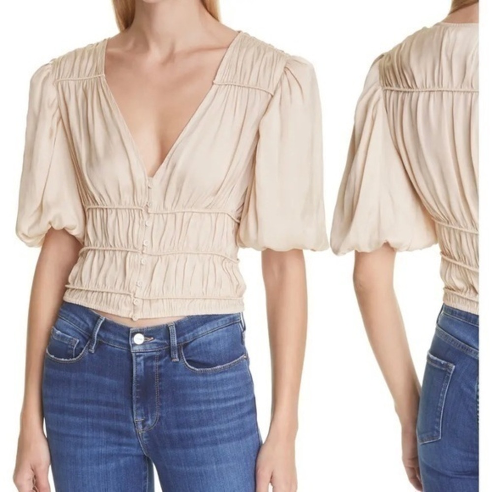 FRAME Julianne Puff Sleeve Crop Blouse in Blush XL